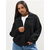 Yours Curve Funnel Neck Collar Bomber Cardigan - Black