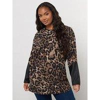 Yours Curve Animal Print Sleeve Top - Brown