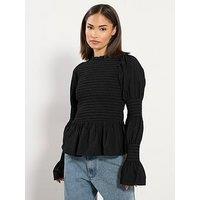 Pixiegirl Petite Long Sleeve Shirred Top - Black