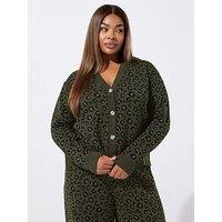 Yours Curve Leopard Knitted Cardigan - Green