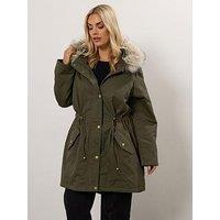 Yours Curve Fur Trim Parka - Green