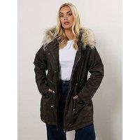 Yours Curve Fur Trim Parka - Brown