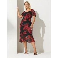 Yours Curve Floral Gathered Square Neck Dress - Red
