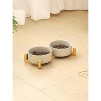 Living And Home Double Ceramic Cat Bowl With Bamboo Stand