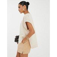River Island Short Sleeve Satin Turn Back Cuff Tee - Beige