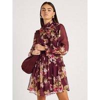 River Island Long Sleeve Floral Chiffon Ruffle Dress - Red