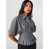 V By Very Pinstripe Pleated Detail Cinched Waist Shirt - Grey