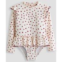 The Very Collection Toddler Girl Long Sleeve Heart Print Frill Swimsuit - Cream