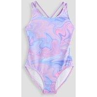 The Very Collection Girls Cross Back Marble Print Swimsuit - Pink