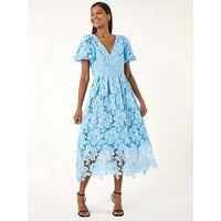 Roman Premium Crochet Lace Midi Dress - Blue