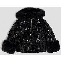 River Island Older Girls Sequin Hooded Puffer Coat - Black