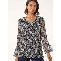 Roman Floral Print V-Neck Top - Black