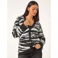 Roman Dusk Zebra Print Fluffy Knit Cardigan - Black