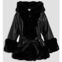 River Island Older Girls Faux Fur Wrap Hooded Coat - Black