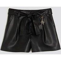 River Island Older Girls Faux Leather Belted Bow Charm Shorts - Black