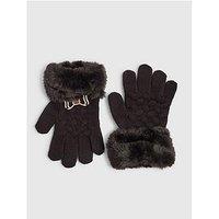 River Island Older Girls Bow Knitted Faux Fur Trim Gloves - Black