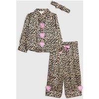 River Island Mini Girls Leopard Heart Pyjamas Set With Scrunchie - Brown
