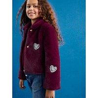 River Island Older Girls Embellished Faux Fur Heart Jacket - Dark Red