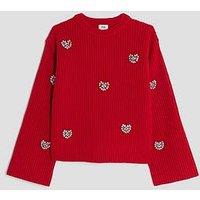 River Island Older Girls Embellished Heart Jumper - Red