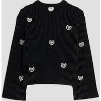 River Island Older Girls Embellished Heart Jumper - Black
