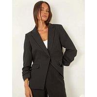 Roman Petite Ruched Buttoned Blazer - Black