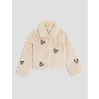 River Island Older Girls Embellished Faux Fur Heart Jacket - Cream