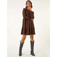 Roman Leaf Print Stretch Dress - Rust