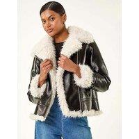 Roman Contrast Faux Leather Aviator Coat - Black