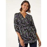 Roman Abstract Print Pintuck Stretch Top - Lime