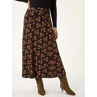 Roman Floral Print Stretch Midi Skirt - Black