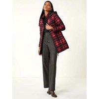 Roman Check Print Quilted Puffer Coat - Burgundy