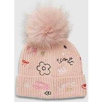 River Island Older Girls Doodle Pom Beanie Hat - Pink