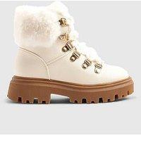 River Island Older Girls Faux Fur Lace Up Hiker Boots - Cream