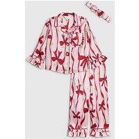 River Island Mini Girls Bow Print Satin Pyjamas Set With Scrunchie - Pink