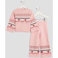 River Island Mini Girls Fairisle Bow Jumper Set - Light Pink
