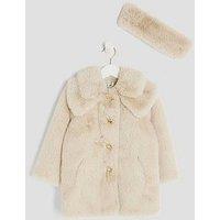 River Island Mini Girls Faux Fur Coat With Headband - Cream