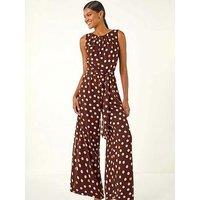 Roman Spot Print Chiffon Belted Jumpsuit - Brown