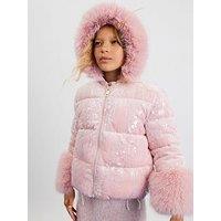 River Island Older Girls Sequin Hooded Puffer Coat - Pink
