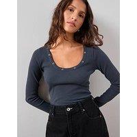 The Very Collection Eyelet Detail Rib Long Sleeve Top - Grey
