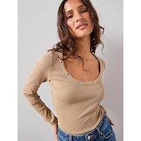 The Very Collection Eyelet Detail Rib Long Sleeve Top - Taupe