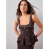 The Very Collection Embellished Bubble Hem Peplum Top Co-Ord - Brown
