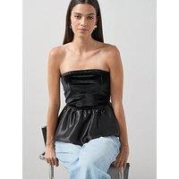 The Very Collection Woven Mix Velvet Sweetheart Bandeau Top - Black