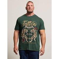 Badrhino Acid Wash Tattoo Tiger Graphic T-Shirt - Green