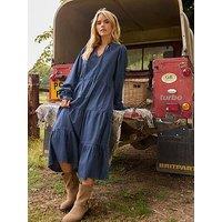Pixiegirl Petite Tie Neck Tiered Denim Dress - Blue