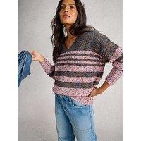 White Stuff Textured Stripe V Neck Jumper - Grey