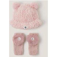 Monsoon Girls Fluffy Teddy Hat And Mitten Set - Pink