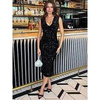 Ax Paris Velvet Sequin V Neck Midi Dress - Black
