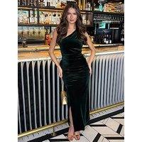 Ax Paris Velvet One Shoulder Ruched Side Midi Dress - Green