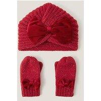 Monsoon Baby Girls Turban Bow Hat With Mittens - Red