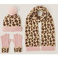 Monsoon Girls Leopard Print Fluffy Hat, Scarf & Gloves Set - Multi